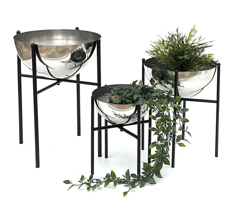 DanDiBo Blumenhocker Metall mit Topf Schwarz Silber 3er Set Blumenständer 96257 Blumensäule Modern Pflanzenständer Pflanzenhocker