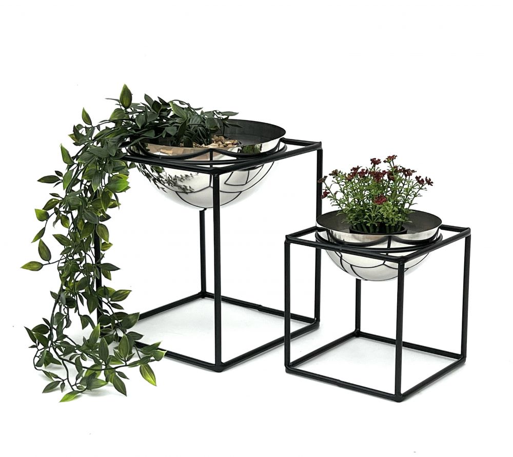 DanDiBo Blumenhocker Metall mit Topf Schwarz Silber Blumenständer 96256 2er Set Blumensäule Modern Pflanzenständer Pflanzenhocker