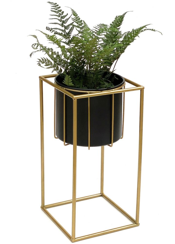 DanDiBo Blumenhocker mit Topf Metall Gold Schwarz Eckig S 45 cm Blumenständer 96035 Blumensäule Modern Pflanzenständer Pflanzenhocker