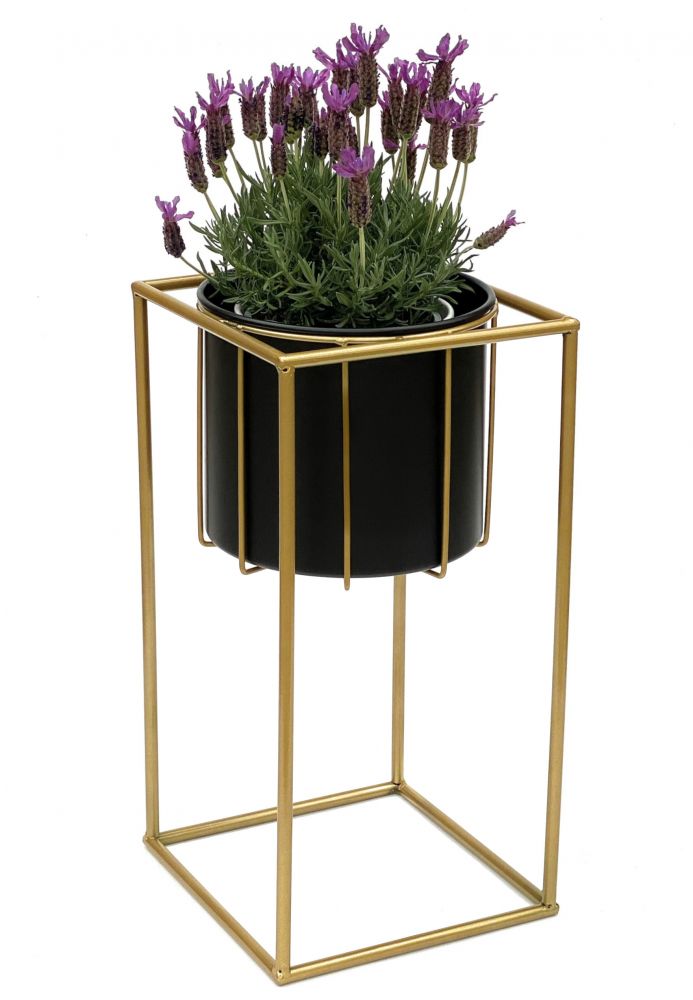 DanDiBo Blumenhocker mit Topf Metall Gold Schwarz Eckig S 45 cm Blumenständer 96035 Blumensäule Modern Pflanzenständer Pflanzenhocker