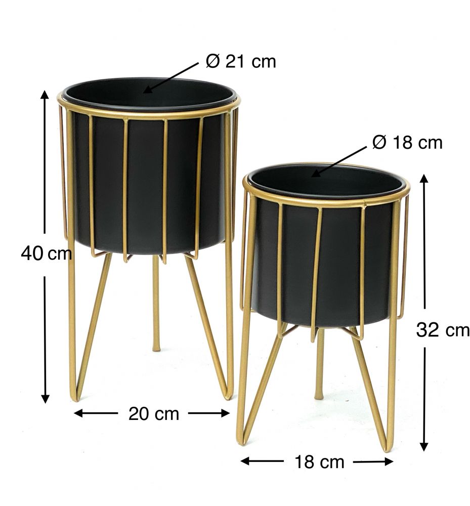 DanDiBo Blumenhocker mit Topf Metall Gold Schwarz Rund 2er Set Blumenständer 96039 Blumensäule Modern Pflanzenständer Pflanzenhocker