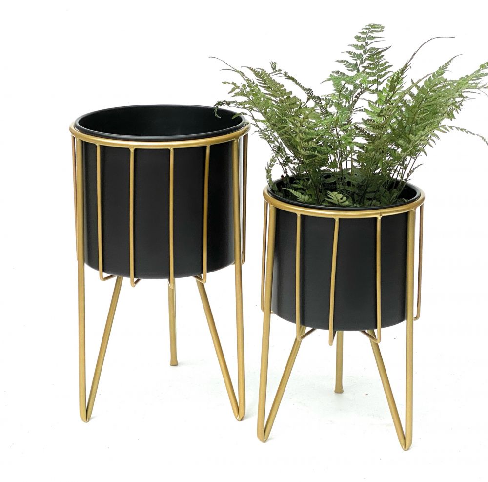DanDiBo Blumenhocker mit Topf Metall Gold Schwarz Rund 2er Set Blumenständer 96039 Blumensäule Modern Pflanzenständer Pflanzenhocker