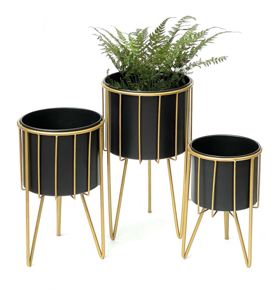 DanDiBo Blumenhocker mit Topf Metall Gold Schwarz Rund 3er Set Blumenständer 96039 Blumensäule Modern Pflanzenständer Pflanzenhocker