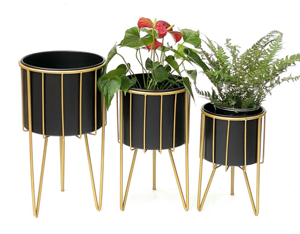 DanDiBo Blumenhocker mit Topf Metall Gold Schwarz Rund 3er Set Blumenständer 96039 Blumensäule Modern Pflanzenständer Pflanzenhocker