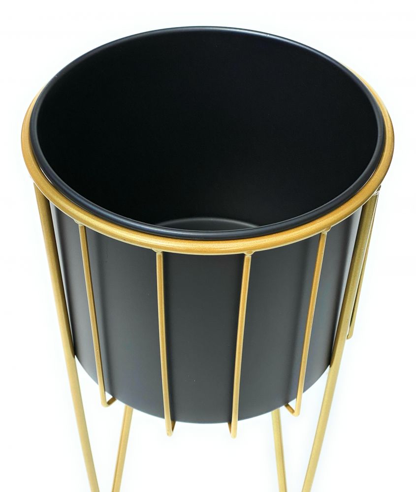 DanDiBo Blumenhocker mit Topf Metall Gold Schwarz Rund L 45 cm Blumenständer 96039 Blumensäule Modern Pflanzenständer Pflanzenhocker