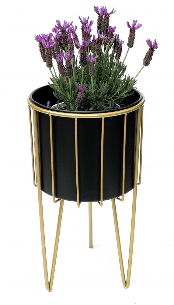 DanDiBo Blumenhocker mit Topf Metall Gold Schwarz Rund L 45 cm Blumenständer 96039 Blumensäule Modern Pflanzenständer Pflanzenhocker