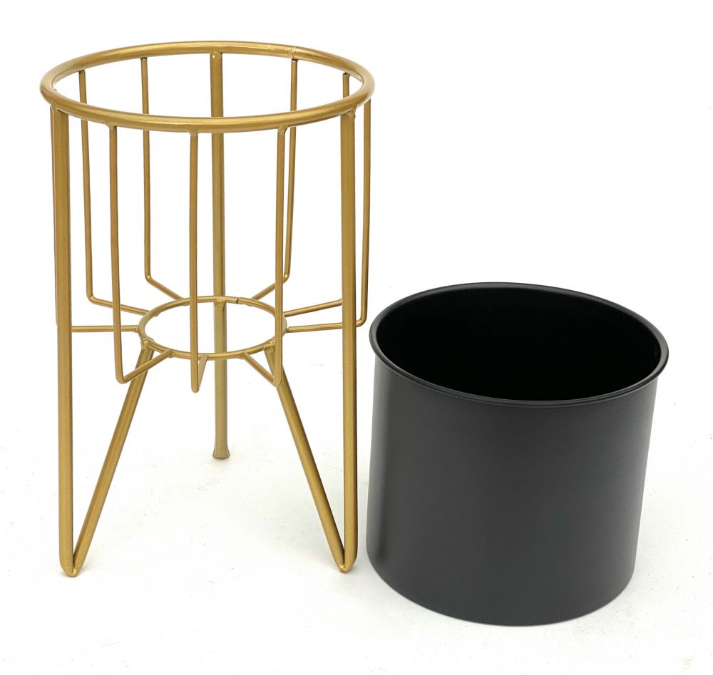 DanDiBo Blumenhocker mit Topf Metall Gold Schwarz Rund S 32 cm Blumenständer 96039 Blumensäule Modern Pflanzenständer Pflanzenhocker