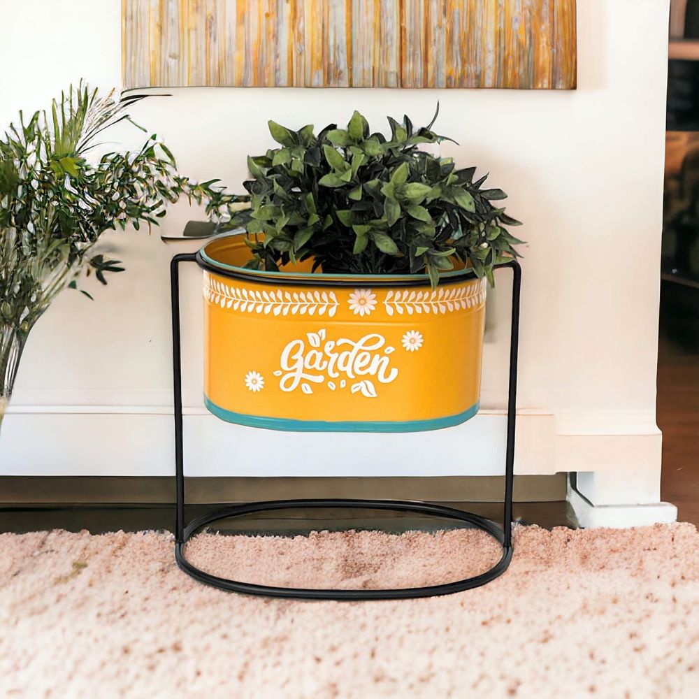 DanDiBo Blumenhocker mit Topf Metall Stehend Orange Oval 30 cm Blumenständer 96526 L Blumensäule Modern Pflanzenständer Pflanzgefäß