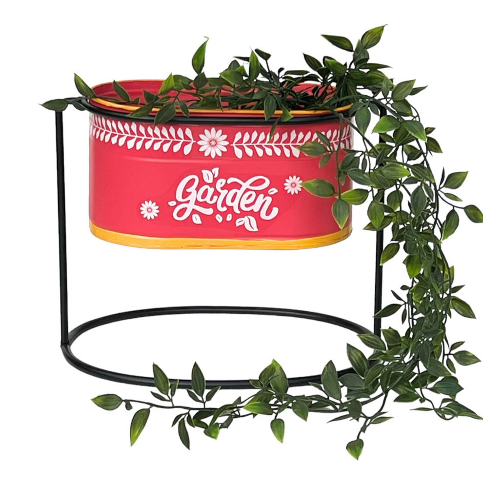 DanDiBo Blumenhocker mit Topf Metall Stehend Rot Oval 24 cm Blumenständer 96526 S Blumensäule Modern Pflanzenständer Pflanzgefäß