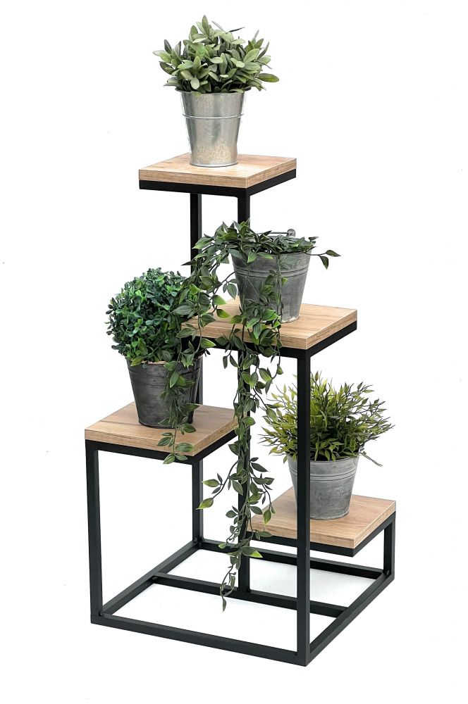 DanDiBo Blumentreppe Metall Schwarz Holz 75 cm Pflanzentreppe Blumenständer 96355 Blumensäule Modern Pflanzenständer Blumenhocker