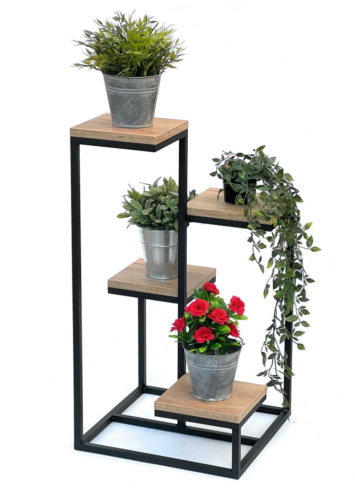 DanDiBo Blumentreppe Metall Schwarz Holz 75 cm Pflanzentreppe Blumenständer 96355 Blumensäule Modern Pflanzenständer Blumenhocker