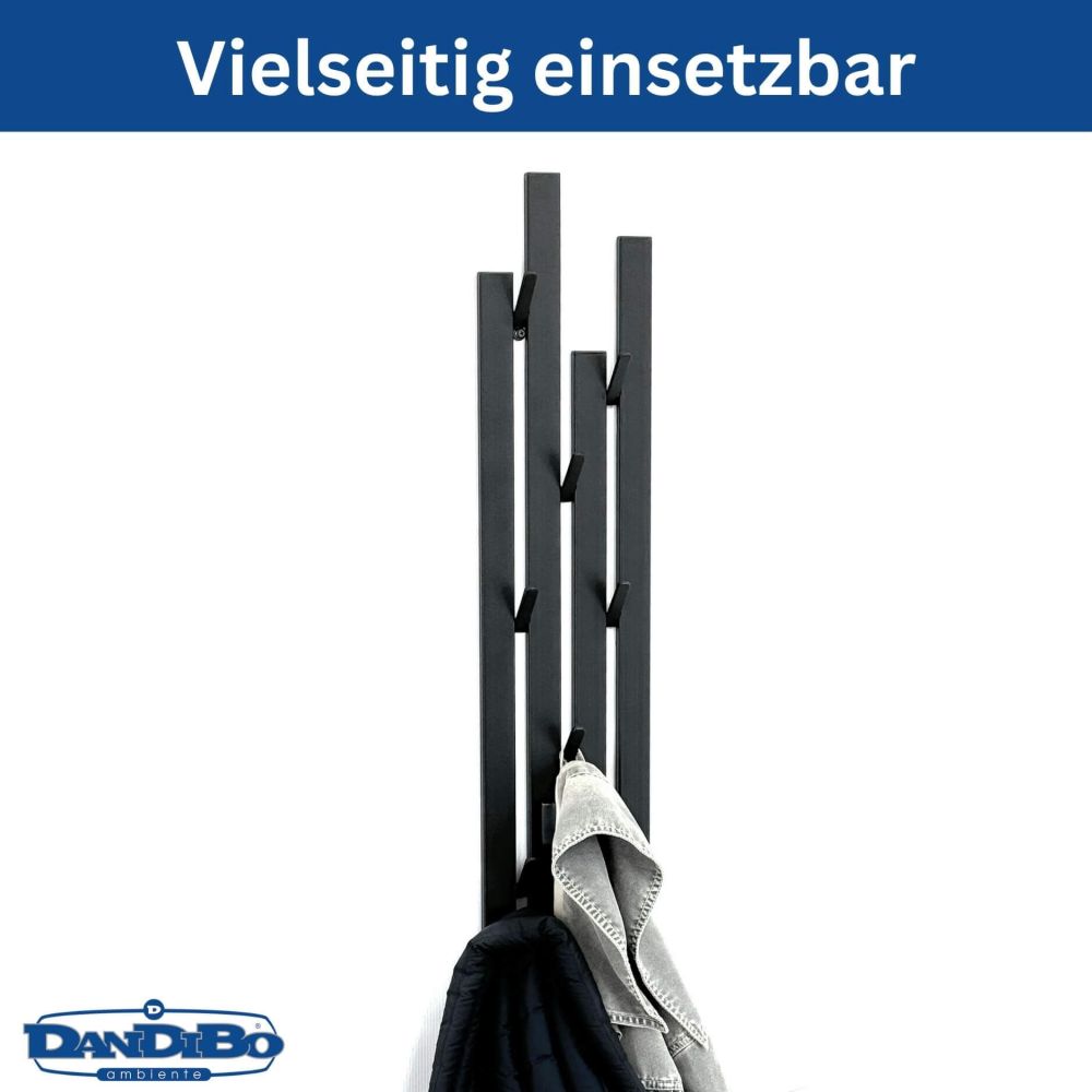 DanDiBo Coat Rack Wall Black Metal 96612 Wall Coat Rack with 8 Hooks Narrow Hallway Coat Rack Modern Hook Rail Coat Hooks