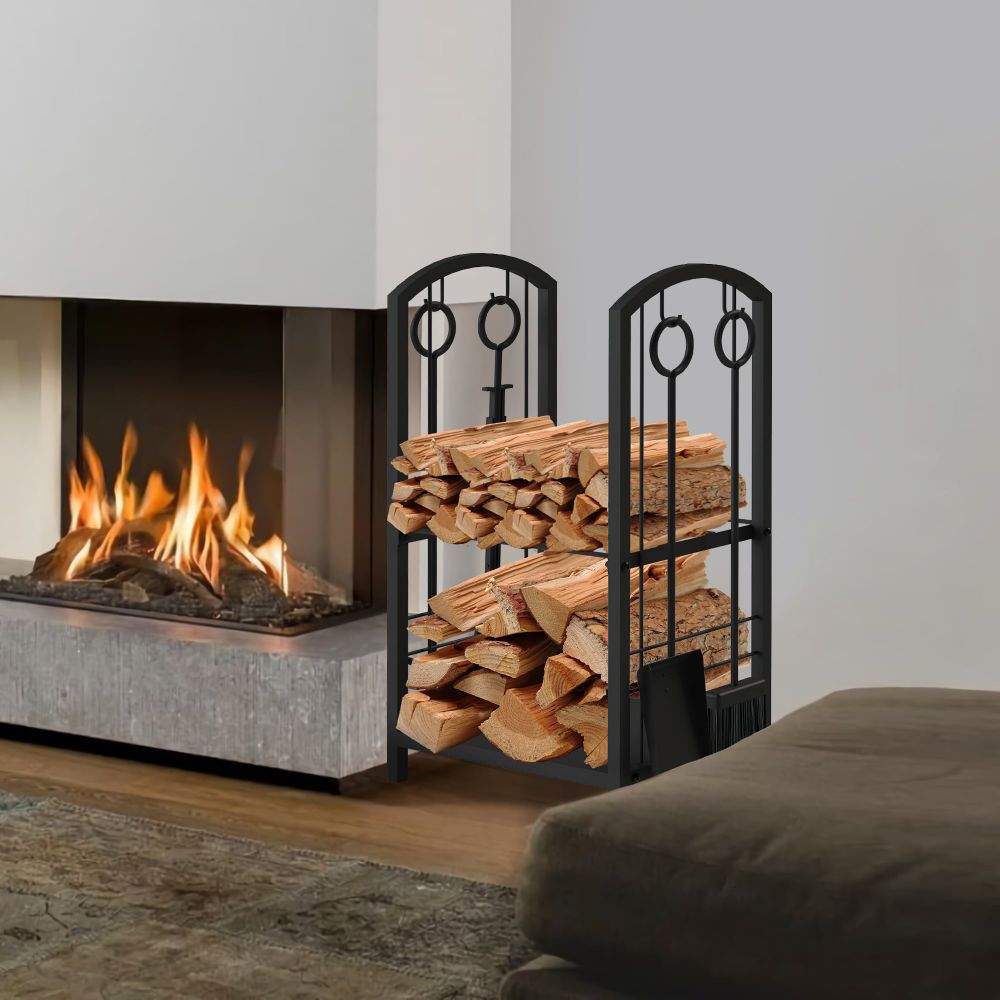 DanDiBo firewood rack indoor metal black 72 cm firewood stand with fireplace set 96431 firewood trolley firewood holder