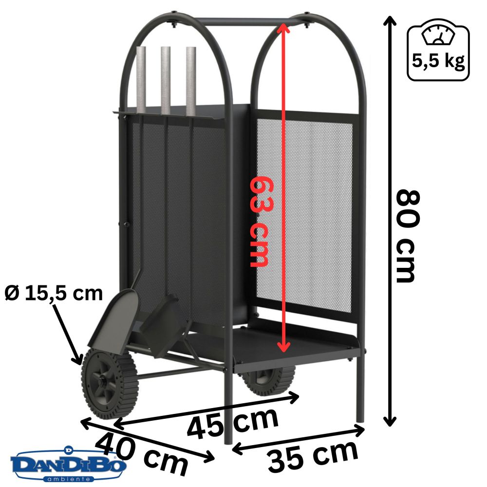 DanDiBo Kaminholzregal Innen Metall Schwarz Kaminholzständer 80 cm mit Kaminbesteck und Rädern 96358 Kaminholzwagen
