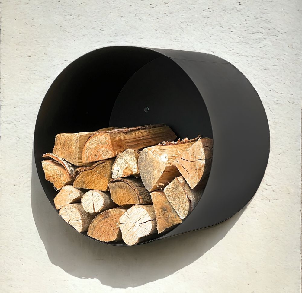 DanDiBo Firewood Rack Indoor Metal Black Round Wall 50 cm Firewood Rack with Back Panel 96433 Wall Mounted Hanging Wood Basket Firewood Holder Wood Rack
