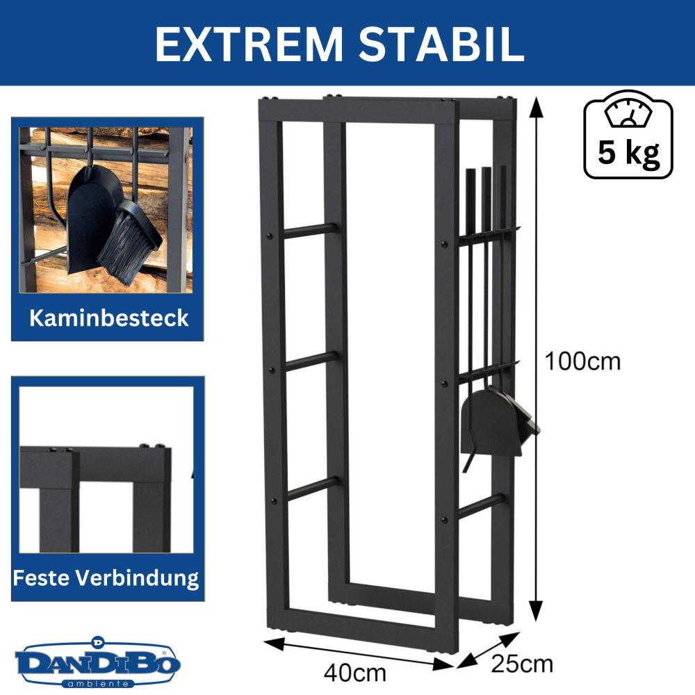 DanDiBo Kaminholzregal Innen Metall mit Besteck 96601 Brennholzregal Holzaufbewahrung Kaminholzständer Feuerholzregal