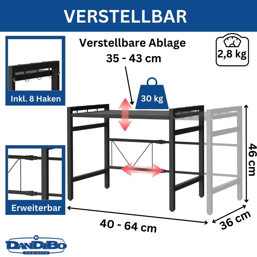 DanDiBo Verstellbares Küchenregal für Arbeitsplatte Schwarz Stehend 2 Stufig 40-64 cm Regal Küche 96613 Standregal