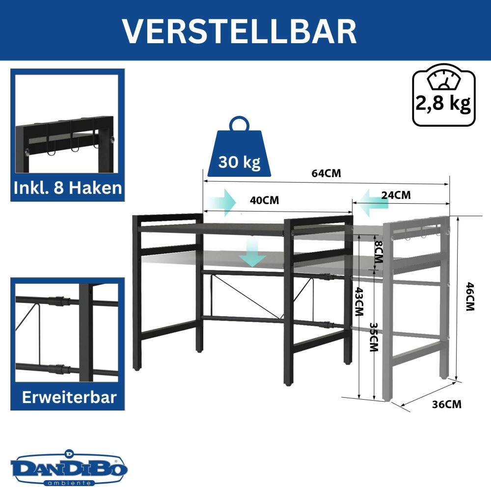 DanDiBo Verstellbares Mikrowellenregal 2 Stufig 40-64 cm Mikrowellen Regal 96613 Stehend Mikrowellenständer Küchenregal