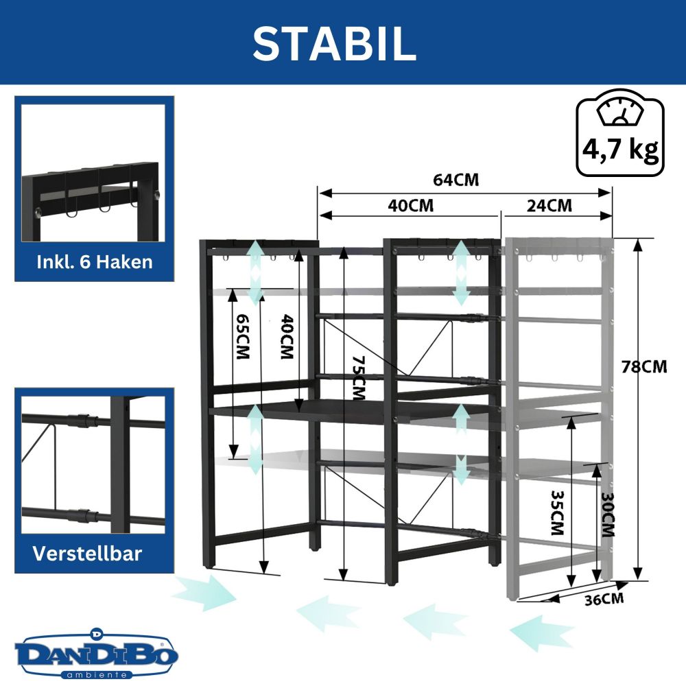DanDiBo Verstellbares Mikrowellenregal 3 Stufig 40-64 cm Mikrowellen Regal 96614 Stehend Mikrowellenständer Küchenregal