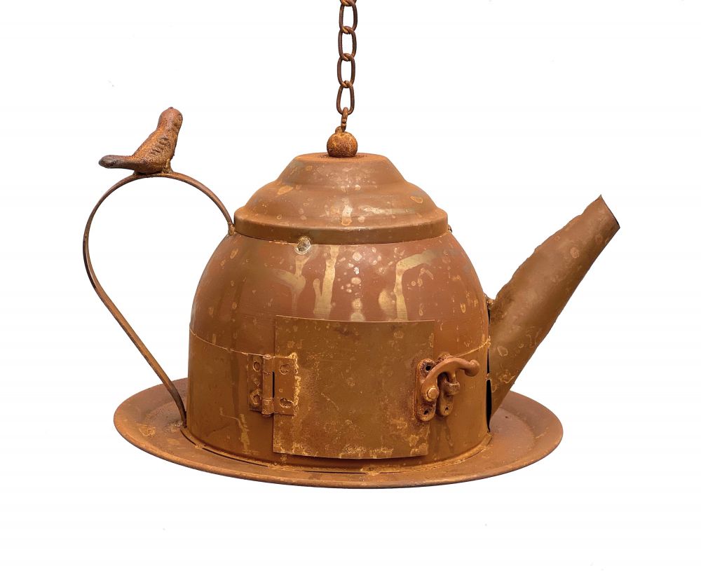 DanDiBo Vogelhaus zum Aufhängen Edelrost Deko Rost Gießkanne Wetterfest 96423 Nistkasten Futterstation für Vögel Shabby mit Kette hängend Metallkanne Kanne Balkon