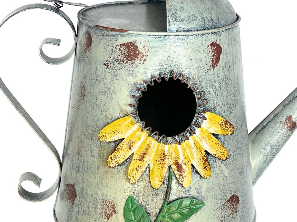 DanDiBo Vogelhaus zum Aufhängen Metall Deko Gießkanne Wetterfest 96255 Nistkasten Futterstation für Vögel Shabby mit Kette Metallkanne Kanne Balkon