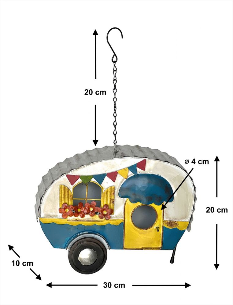 DanDiBo Vogelhaus zum Aufhängen Metall Deko Wohnwagen Wetterfest 96254 Nistkasten Futterstation für Vögel Shabby mit Kette Caravan Camper Balkon