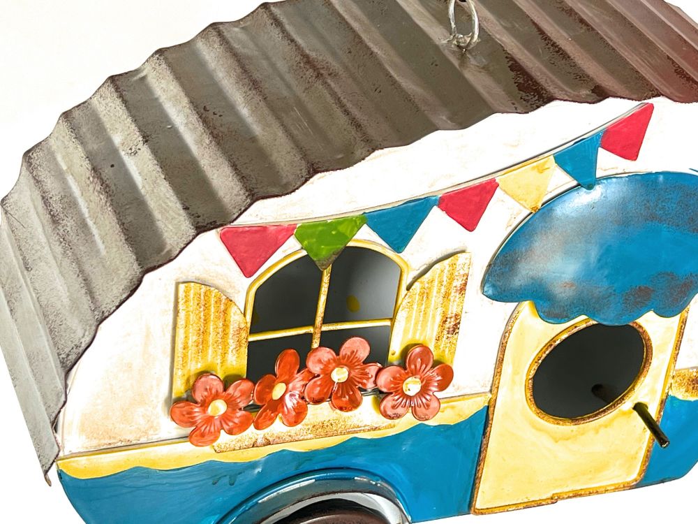 DanDiBo Vogelhaus zum Aufhängen Metall Deko Wohnwagen Wetterfest 96254 Nistkasten Futterstation für Vögel Shabby mit Kette Caravan Camper Balkon