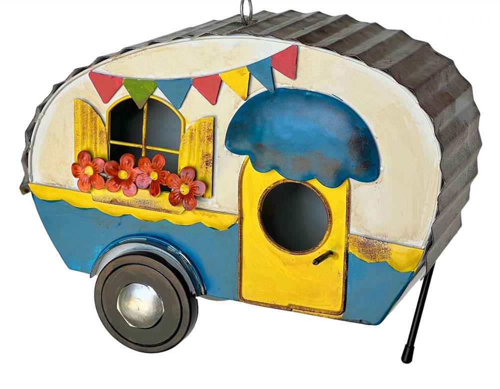 DanDiBo Vogelhaus zum Aufhängen Metall Deko Wohnwagen Wetterfest 96254 Nistkasten Futterstation für Vögel Shabby mit Kette Caravan Camper Balkon