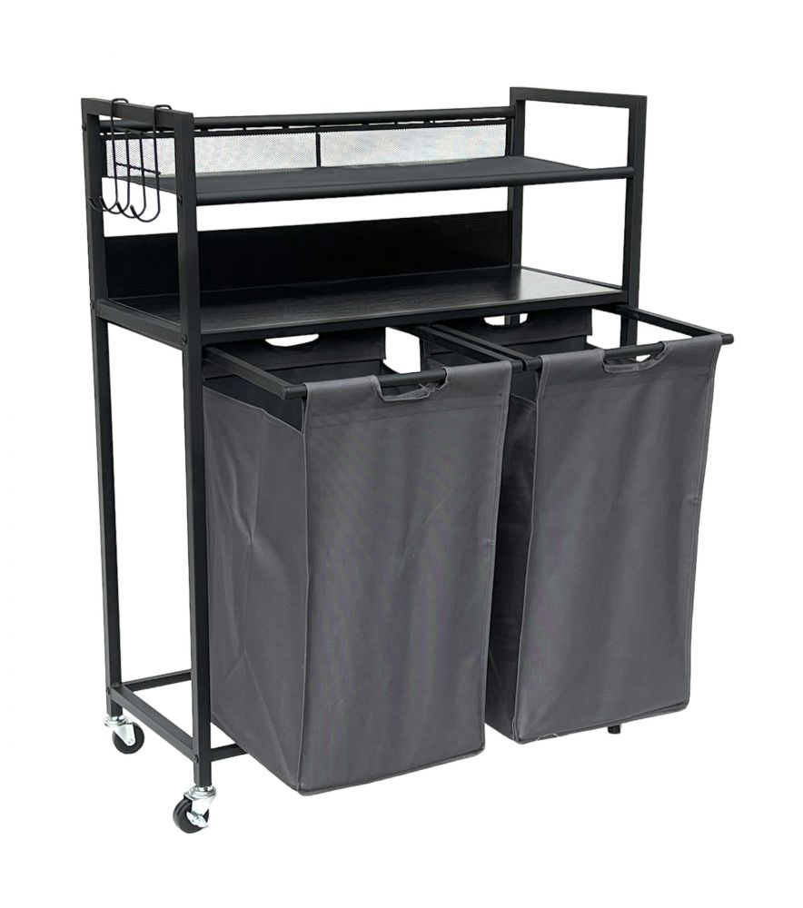 DanDiBo Wäschekorb 2 Fächer mit Ablagen Schwarz Metall 96501 Wäschesammler Wäschewagen mit Rollen Wäschebox Wäschekorb Wäschesack Modern