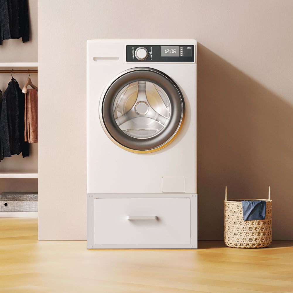 DanDiBo Washing machine base with drawer Metal White 96502 Washing machine base Washing machine pedestal Raised pedestal Modern Rubberised