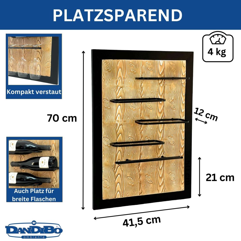 DanDiBo Weinregal Wand Metall Schwarz 4 Flaschen mit Glashalter 96617 Weinhalter Wandregal Modern Flaschenhalter Design Wanddeko