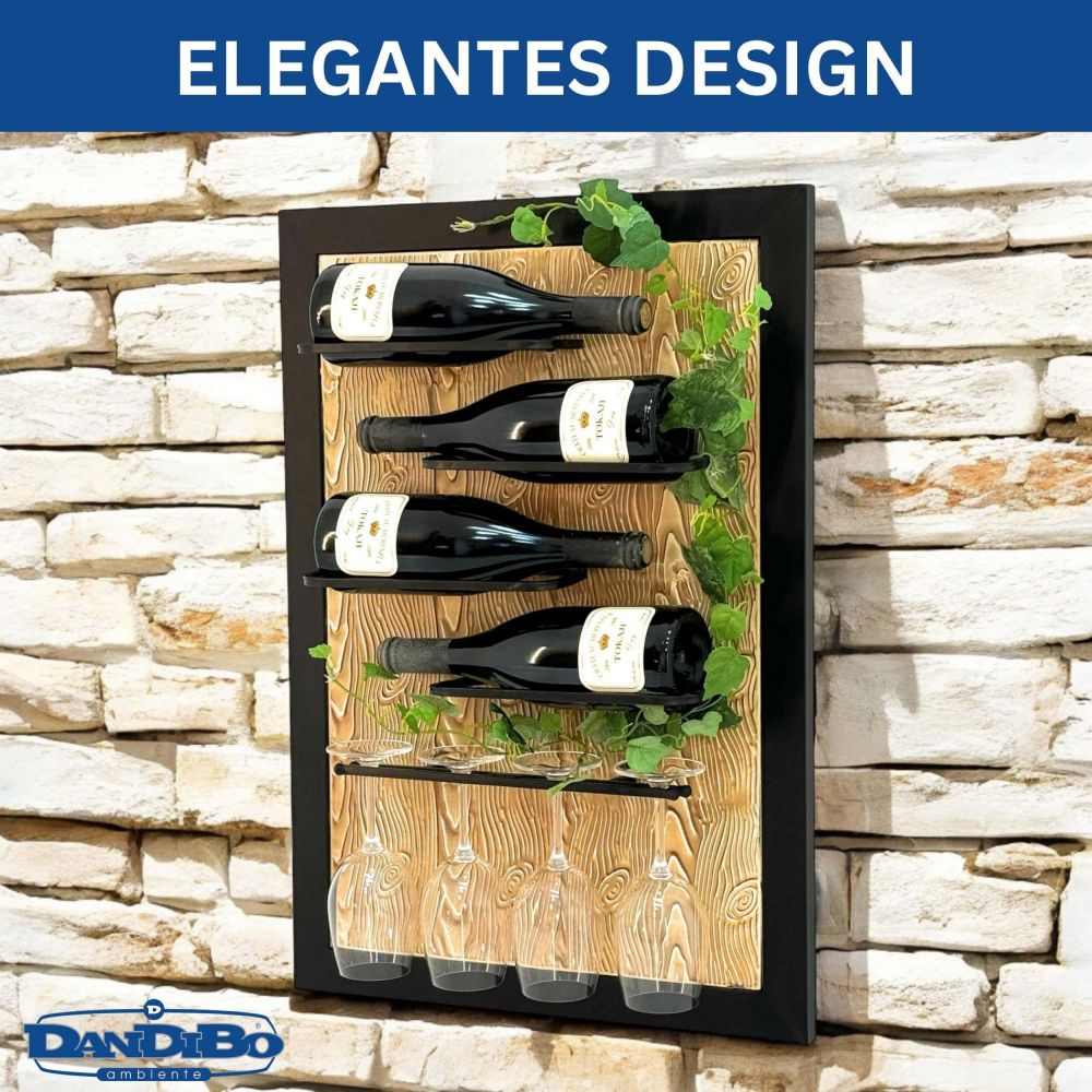 DanDiBo Weinregal Wand Metall Schwarz 4 Flaschen mit Glashalter 96617 Weinhalter Wandregal Modern Flaschenhalter Design Wanddeko