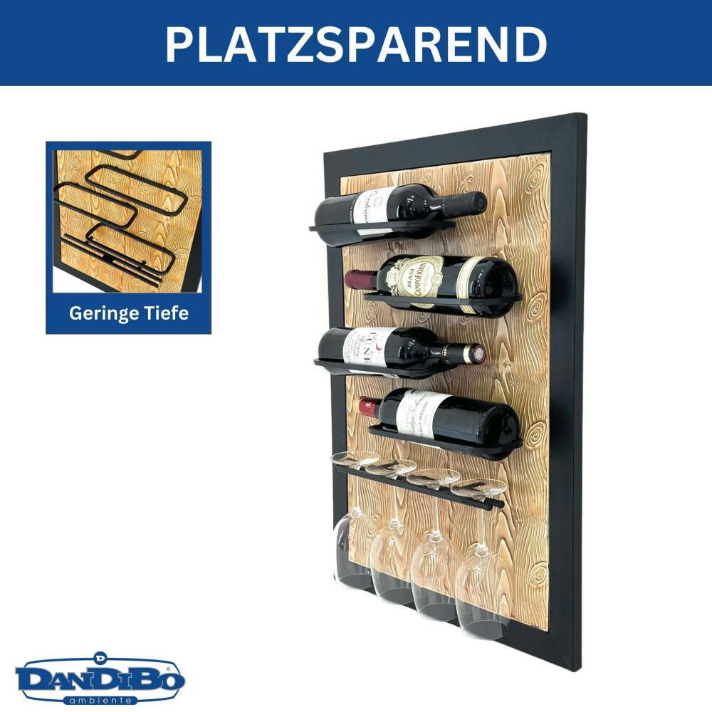 DanDiBo Weinregal Wand Metall Schwarz 4 Flaschen mit Glashalter 96617 Weinhalter Wandregal Modern Flaschenhalter Design Wanddeko