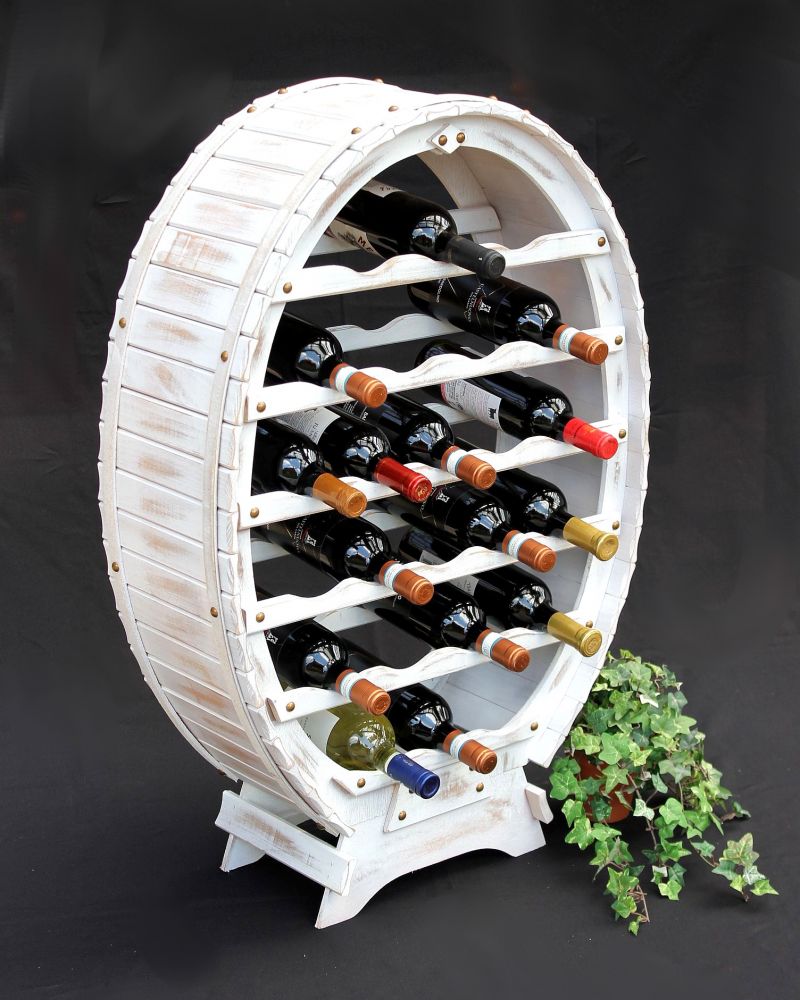 Weinregal Weiss Weinfass aus Holz für 24 Flaschen Vintage Shabby Chic Landhaus Bar Flaschenständer stehend Weinständer Fass