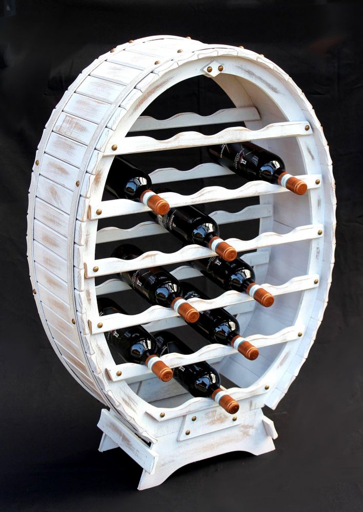 Weinregal Weiss Weinfass aus Holz für 24 Flaschen Vintage Shabby Chic Landhaus Bar Flaschenständer stehend Weinständer Fass