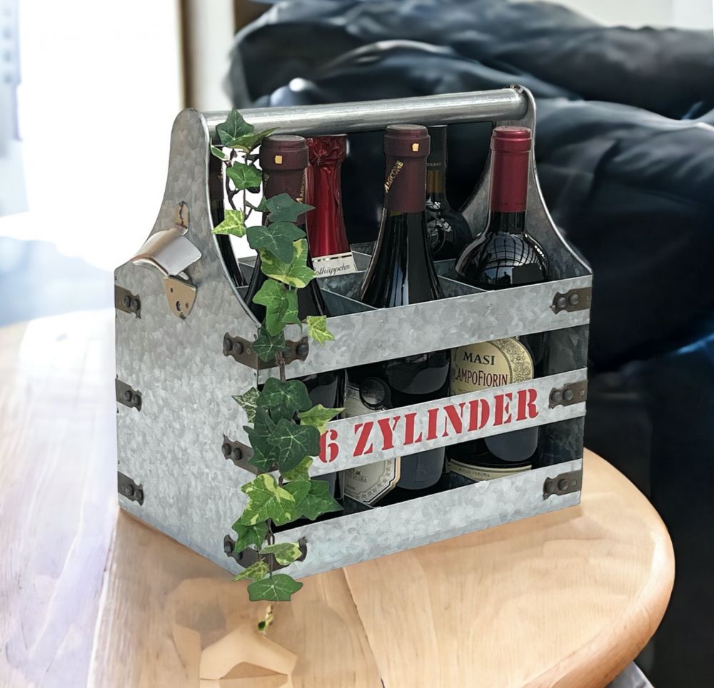 DanDiBo Weinträger Metall mit Öffner Flaschenträger 6 Zylinder V6 96402 Flaschenträger Flaschenöffner Flaschenkorb Weinflaschenträger