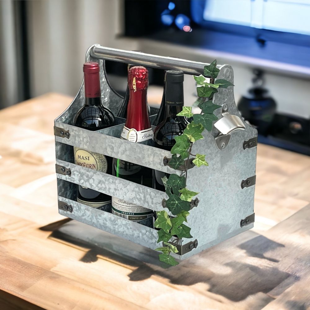 DanDiBo Wine carrier metal with opener 96403 Bottle carrier 6 bottles Bottle crate Bottle opener Bottle basket Wine bottle carrier