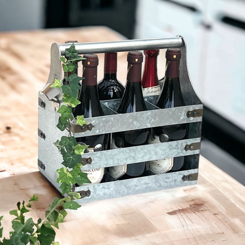 DanDiBo Wine carrier metal with opener 96403 Bottle carrier 6 bottles Bottle crate Bottle opener Bottle basket Wine bottle carrier