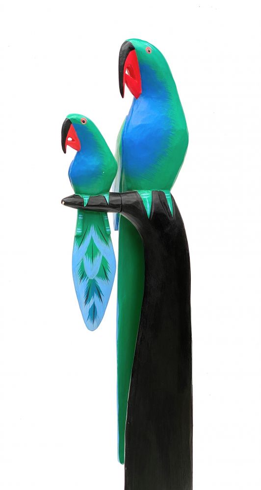 DanDiBo Deko Figur Papagei 2er Nr.33 Vogel aus Holz Skulptur Blau Grün 98 cm Holzvogel Handgeschnitzt Stehend Tierfigur Schnitzskulptur