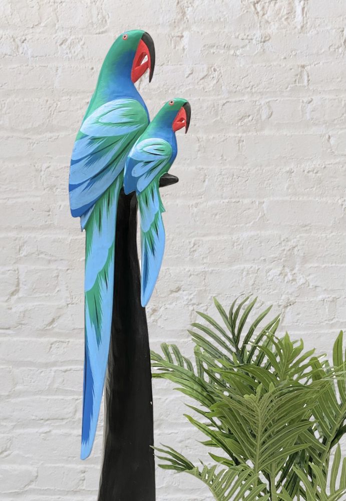 DanDiBo Deko Figur Papagei 2er Nr.33 Vogel aus Holz Skulptur Blau Grün 98 cm Holzvogel Handgeschnitzt Stehend Tierfigur Schnitzskulptur