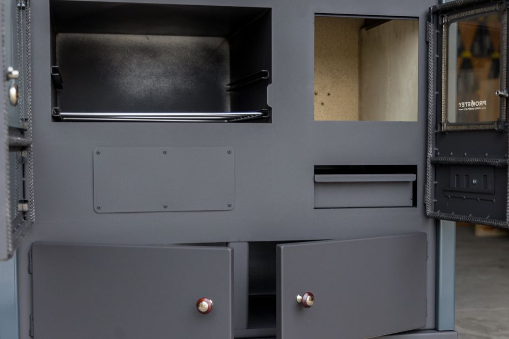 Kaminofen mit Backfach und Herdplatte Pracktik Lux Anthrazit RAL 7016 LINKS Holzofen 9,5 kW Kamin Ofen Dauerbrandofen Werkstattofen Schwedenofen Hüttenofen Heizofen