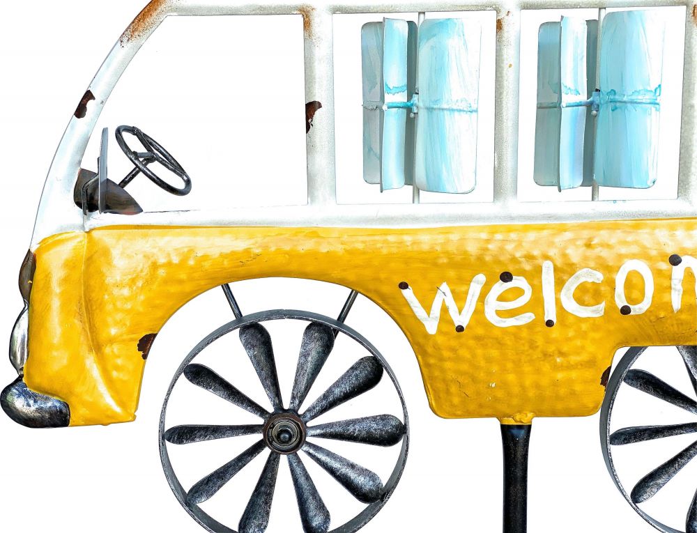 DanDiBo Gartenstecker Metall Bus Auto XL 160 cm Gelb Weiß 96104 Windspiel Willkommen Windrad Wetterfest Gartendeko Gartenstab Bodenstecker Mini Van