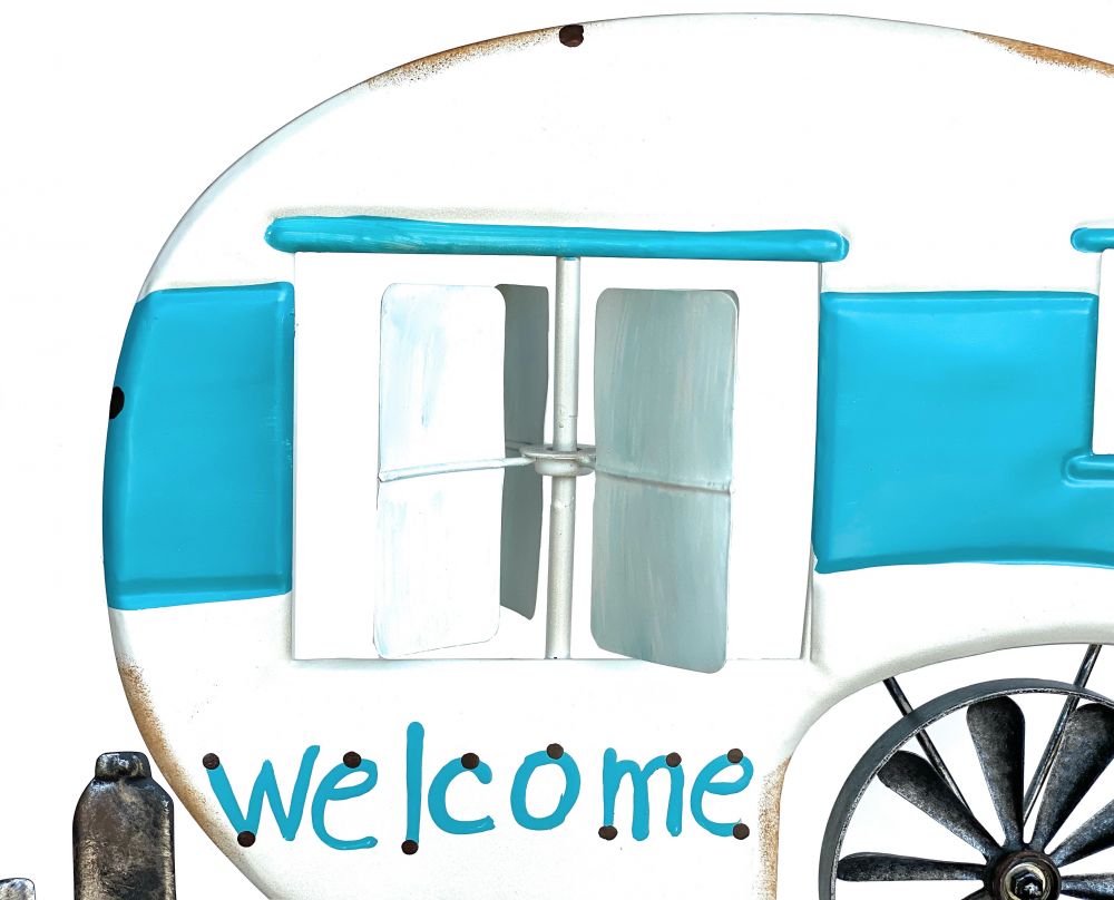 DanDiBo Garden Plug Metal Caravan XL 160 cm Blue White Caravan 96103 Wind Chime Welcome Wind Wheel Weatherproof Garden Decoration Garden Stick Ground Plug Camper