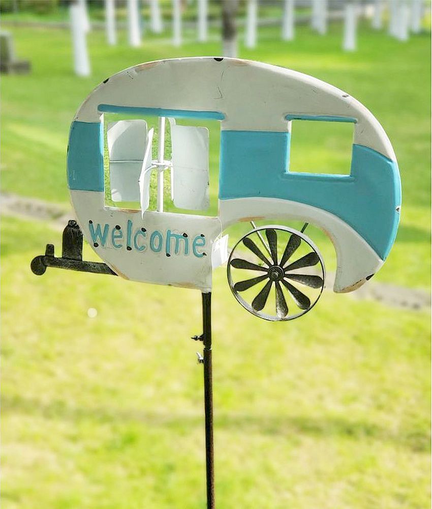 DanDiBo Garden Plug Metal Caravan XL 160 cm Blue White Caravan 96103 Wind Chime Welcome Wind Wheel Weatherproof Garden Decoration Garden Stick Ground Plug Camper