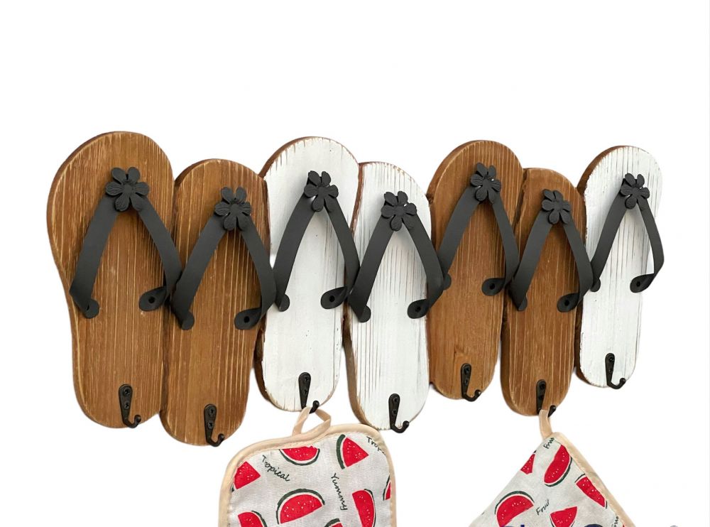 Hakenleiste Sandalen MR91 Garderobenleiste Holz Metall Weiß Handtuchhalter 60 cm Garderobenhaken Garderobe Wand Handtuchhaken Vintage