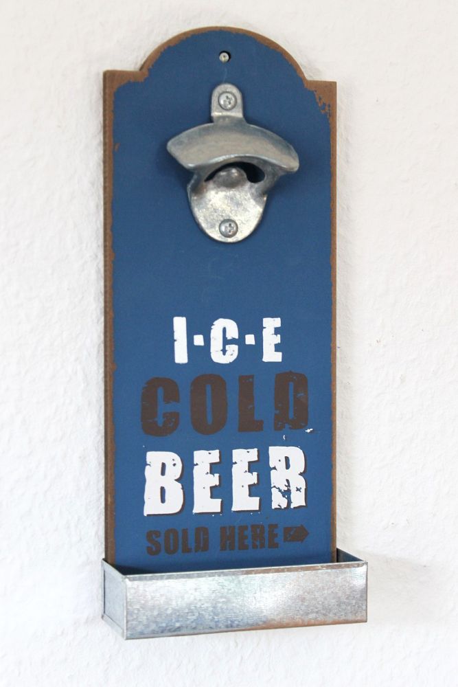 Wandflaschenöffner mit Kronkorkenbehälter 20003 Blau "Ice cold beer" Bieröffner 32cm Flaschenöffner