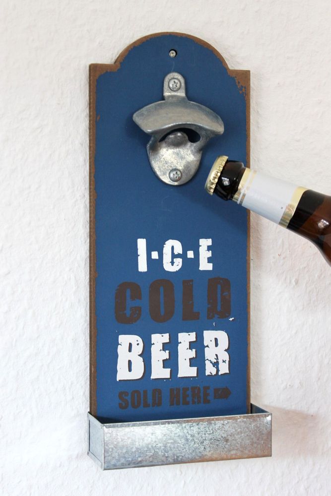 Wandflaschenöffner mit Kronkorkenbehälter 20003 Blau "Ice cold beer" Bieröffner 32cm Flaschenöffner