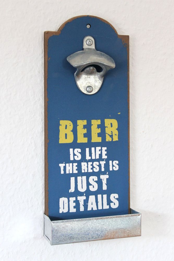Wall-mounted bottle opener with crown cork container 20003 Beer opener 32 cm Bottle opener / Product type: Blue Beer is live