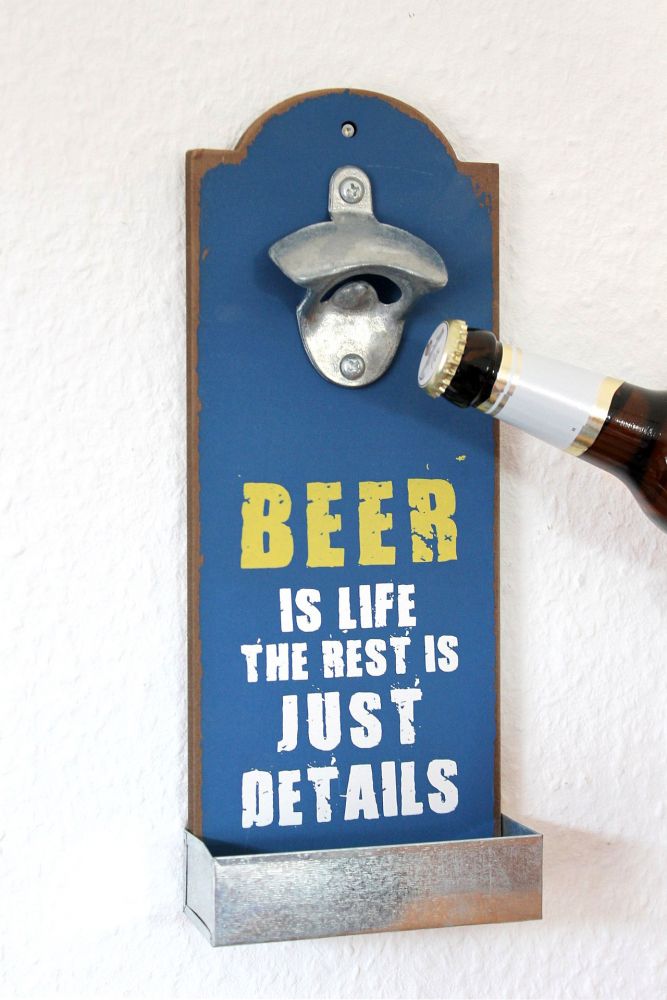 Wall-mounted bottle opener with crown cork container 20003 Beer opener 32 cm Bottle opener / Product type: Blue Beer is live