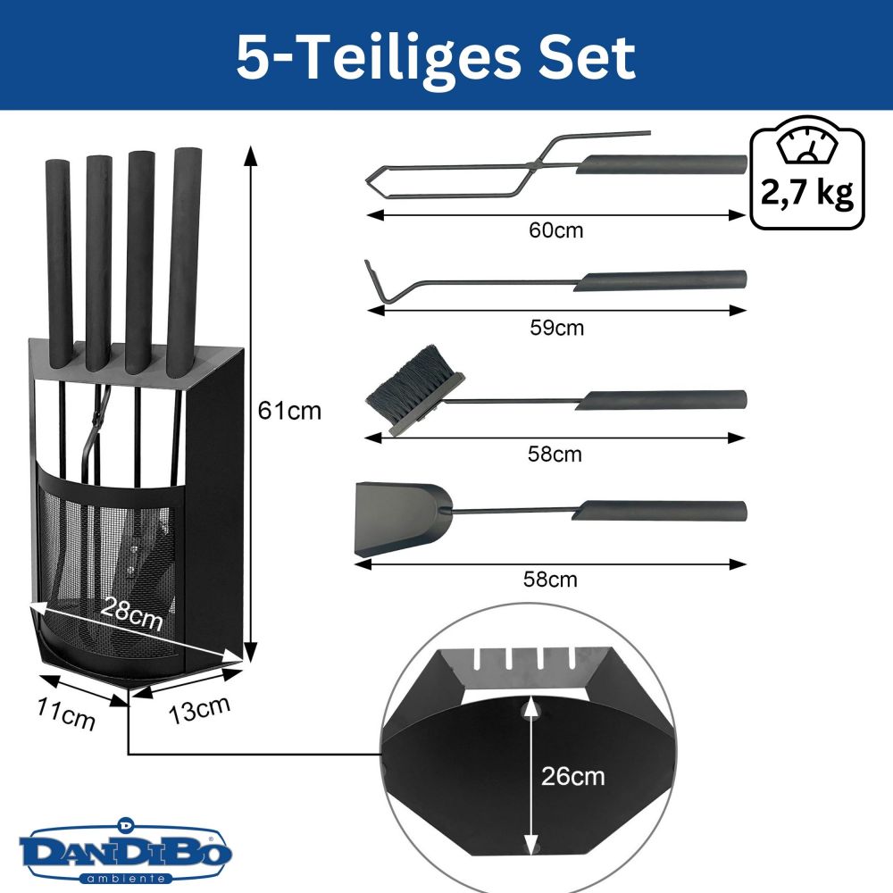 DanDiBo Kaminbesteck Schwarz Modern 5 Teilig Set 96616 Kaminset Kamingarnitur Ofenbesteck